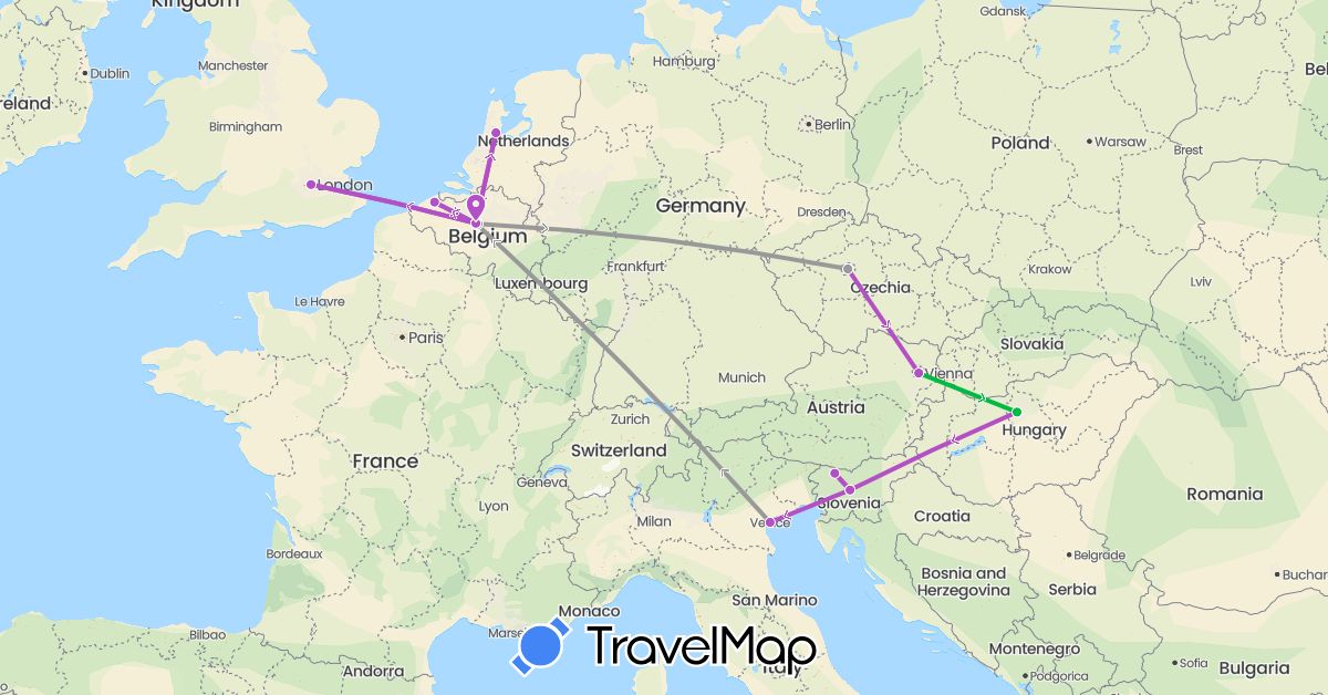 TravelMap itinerary: driving, bus, plane, train in Austria, Belgium, Czech Republic, United Kingdom, Hungary, Italy, Netherlands, Slovenia (Europe)